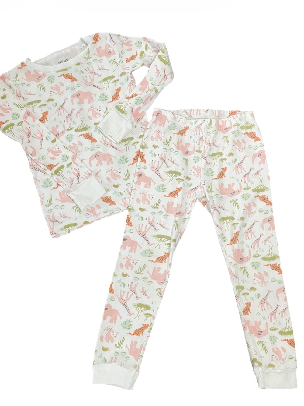 Carter's Girls White Pink, Orange & Green Safari Animal Pajama Set